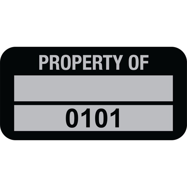 Lustre-Cal Property ID Label PROPERTY OF 5 Alum Blk 1.50in x 0.75in 1 Blank Pad&Serialized 0101-0200, 100PK 253769Ma2K0101 - main
